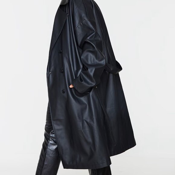 Pretty Little Thing Plus Black Faux Leather Drop Arm Midi Trench Size 14 NWT - Picture 3 of 4